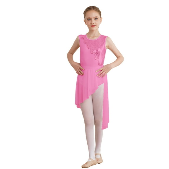 YEAHDOR Kids Girls Sequins Sleeveless Lyrical Latin Dance Dress Gymnastics Leotard with Skirt Pink 8