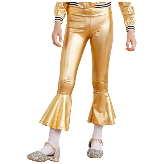 YEAHDOR Kids Girls Shiny Metallic Dance Pants High Waist Bell Bottom Leggings Dancewear Gold 8