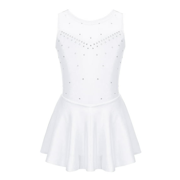 YEAHDOR Kids Girls Shiny Rhinestones Tulle Back Ballet Dance Leotard Skating Dress White 6