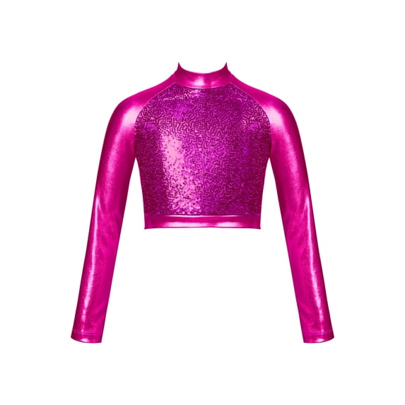 YEAHDOR Kids Girls Shiny Sequins Front Dance Tops Metallic Long Sleeve Modern Jazz Stage Performance Crop Top Hot Pink 12
