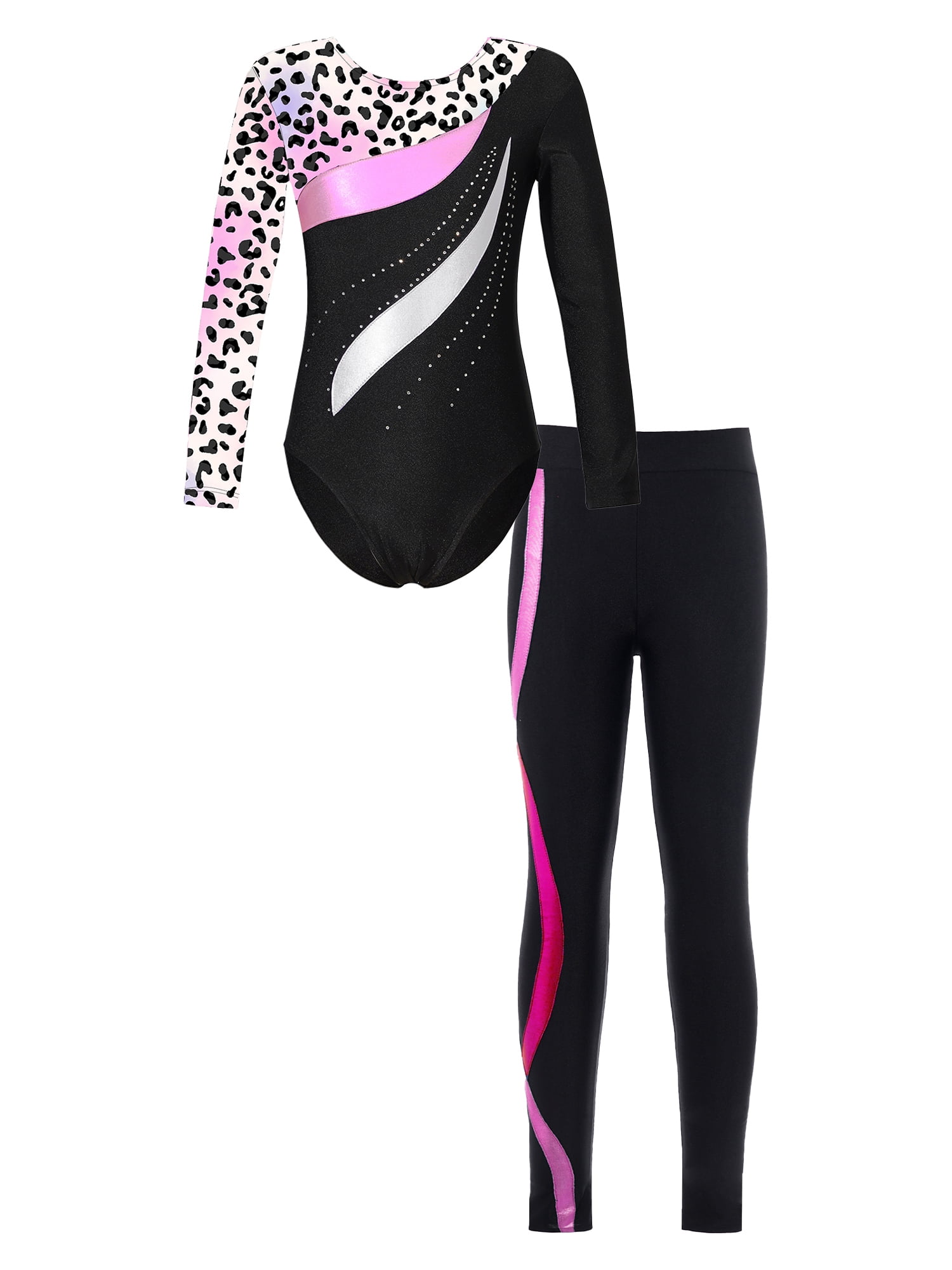 YEAHDOR Kids Girls Skating Dance Outfit Shiny Rhinestones Gym Leotard with Yoga  Pants Active Tracksuit Purple&Hot Pink 14 