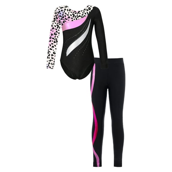 YEAHDOR Kids Girls Skating Dance Outfit Shiny Rhinestones Gym Leotard with Yoga Pants Active Tracksuit Leopard&Hot Pink 6
