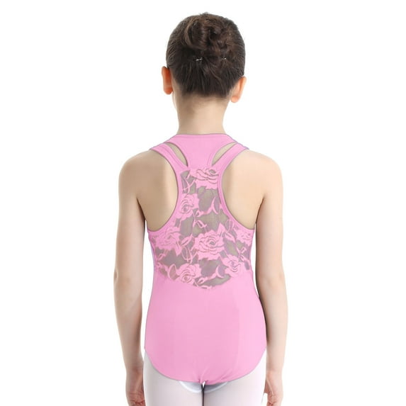 YEAHDOR Kids Girls Sleeveless Floral Lace Back Ballet Dance Leotard Wider Shoulder Straps Gymnastic Exercise Bodysuit Dancewear Pink M