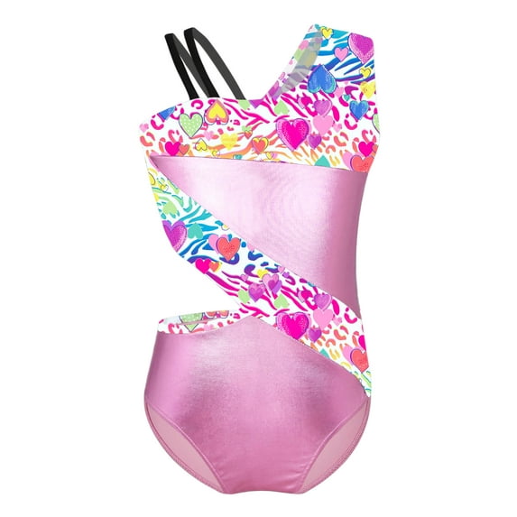 YEAHDOR Kids Girls Sleeveless Printed Ballerina Leotard Cutout Waistline Gymnastics Ballet Dance Bodysuit Pink&White 4
