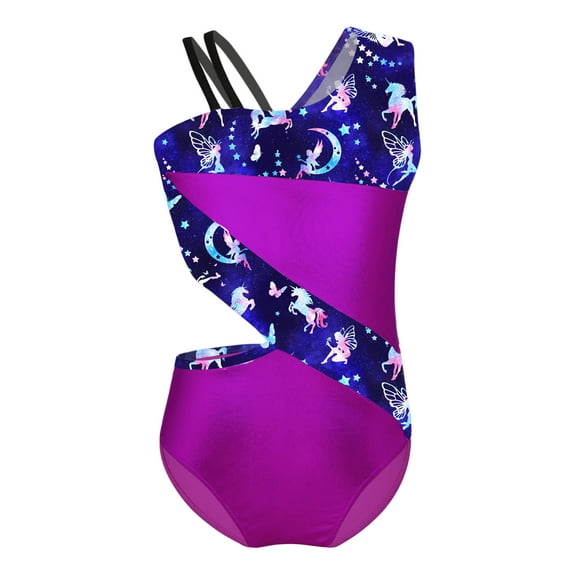 YEAHDOR Kids Girls Sleeveless Printed Ballerina Leotard Cutout Waistline Gymnastics Ballet Dance Bodysuit Purple 12