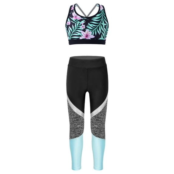 YEAHDOR Kids Girls Sleeveless Printed Crop Top with Leggings Athletic Outfit Set Dance Gym Sports Suit Lily&Light Blue 14