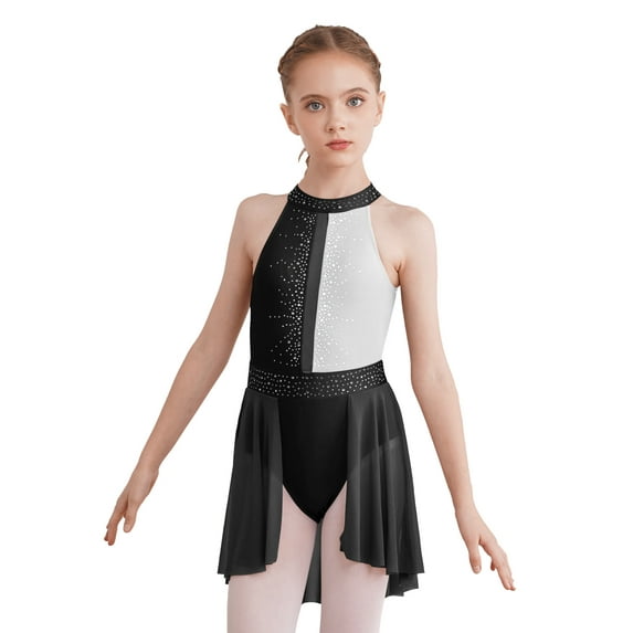 YEAHDOR Kids Girls Sleeveless Rhinestone Tank Leotard with Wrap Skirt Backless Lyrical Latin Jazz Dance Costume Black&White 12