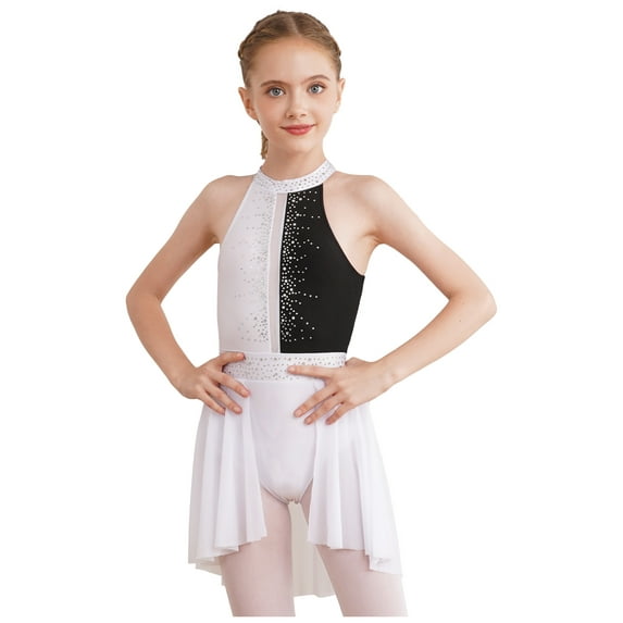 YEAHDOR Kids Girls Sleeveless Rhinestone Tank Leotard with Wrap Skirt Backless Lyrical Latin Jazz Dance Costume White&Black 10