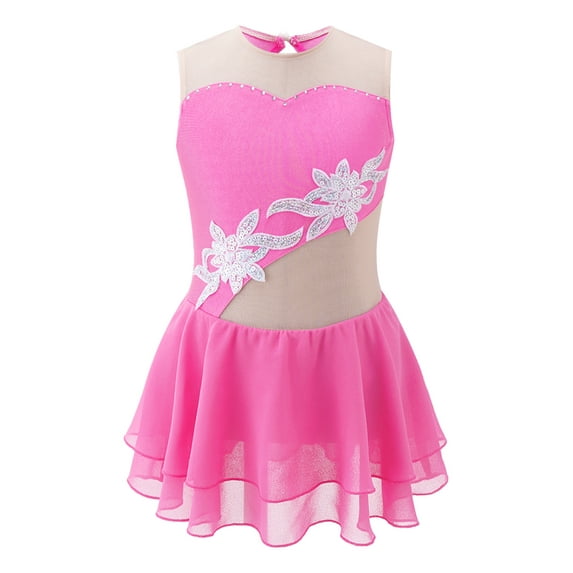 YEAHDOR Kids Girls Sleeveless Sequins Floral Ballet Skirted Leotard Figure Ice Skating Dress Costume
