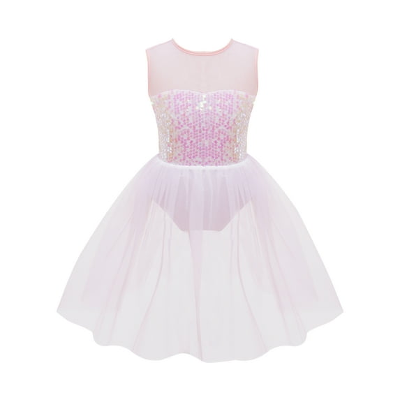 YEAHDOR Kids Girls Sleeveless Shiny Sequins Ballet Dance Dress Ballerina Leotard with Tutu Mesh Skirt Dancewear Pink 12