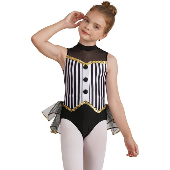 YEAHDOR Kids Girls Sleeveless Striped Leotard Latin Jazz Ballet Dance Tulle Skirted Bodysuit Sequins Trim Jumpsuit Black 8