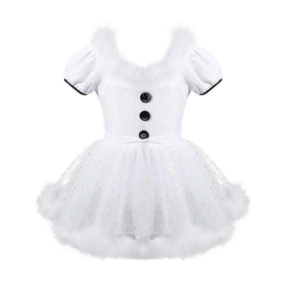 YEAHDOR Kids Girls Snowman Costume Christmas Feathers Trim Dance Dress Puff Sleeves Ice Skating Leotard Dress White 10