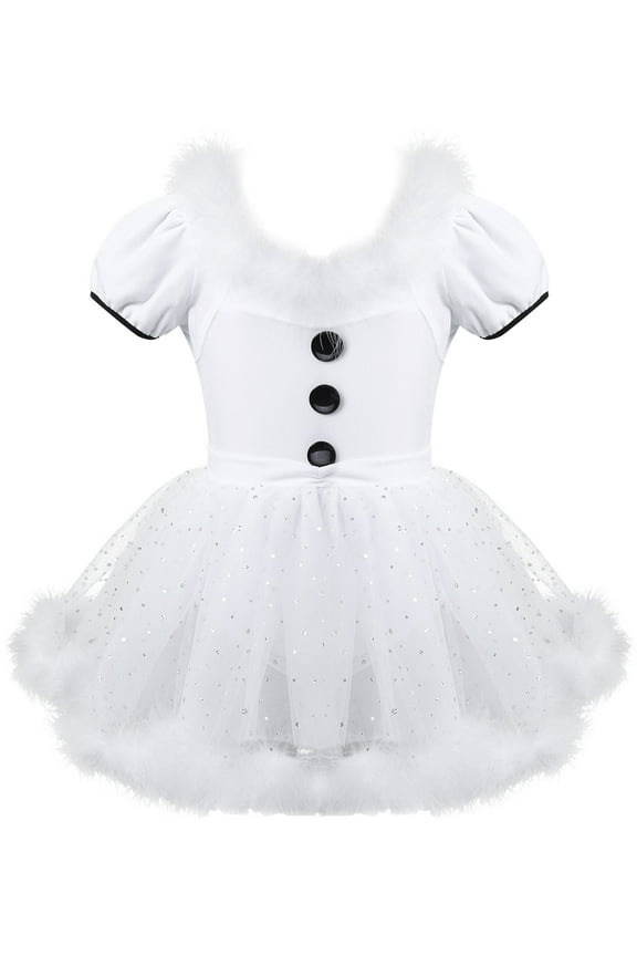 Kids Girls Snowman Costume Christmas Feathers Trim Dance Dress Puff Sleeves Ice Skating Leotard Dress White 4