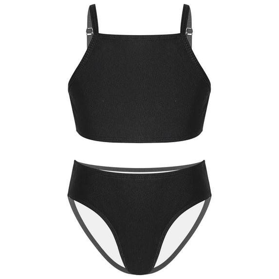 YEAHDOR Kids Girls Solid Color Bikini Set Swimsuit Spaghetti Straps Swimming Tops with Briefs Set,Sizes 5-16 Black 6