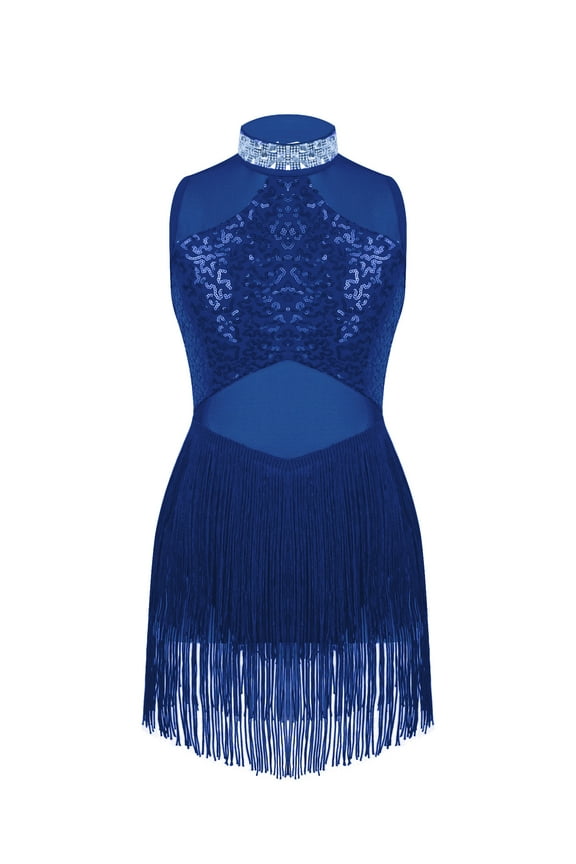 Kids Girls Sparkle Sequins Jazz Latin Chacha Dance Dress Rhinestones Tassels Dance Costume