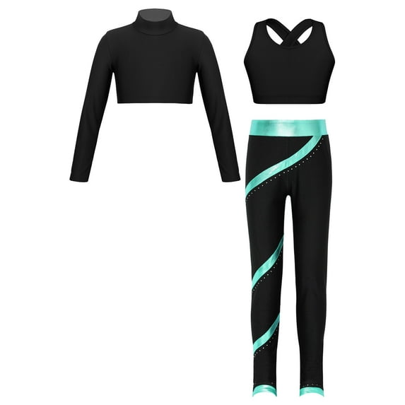 YEAHDOR Kids Girls Sports Outfit Long Sleeve Crop Top with Vest Metallic Striped Pants Fitness Gym Suit Black&Blue Green 10