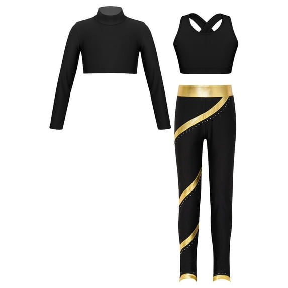 YEAHDOR Kids Girls Sports Outfit Long Sleeve Crop Top with Vest Metallic Striped Pants Fitness Gym Suit Black&Gold 10