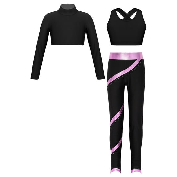 YEAHDOR Kids Girls Sports Outfit Long Sleeve Crop Top with Vest Metallic Striped Pants Fitness Gym Suit Black&Pink 14