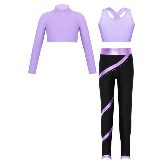 YEAHDOR Kids Girls Sports Outfit Long Sleeve Crop Top with Vest Metallic Striped Pants Fitness Gym Suit Purple 8