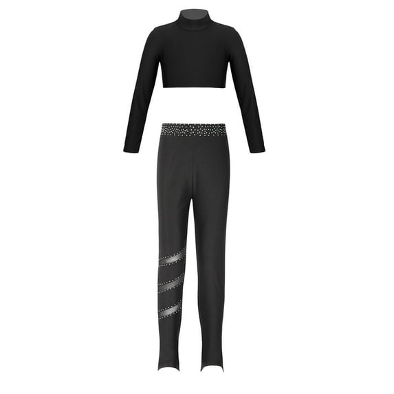 YEAHDOR Kids Girls Sports Suit Long Sleeve Crop Top with Shiny Rhinestones Leggings Teens Gym Training Suit A Black 14