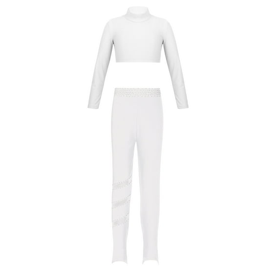 YEAHDOR Kids Girls Sports Suit Long Sleeve Crop Top with Shiny Rhinestones Leggings Teens Gym Training Suit A White 8