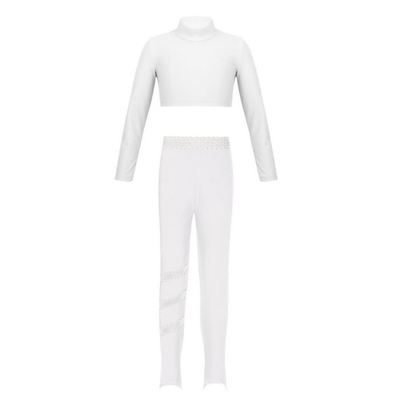 YEAHDOR Kids Girls Sports Suit Long Sleeve Crop Top with Shiny Rhinestones Leggings Teens Gym Training Suit B White 16