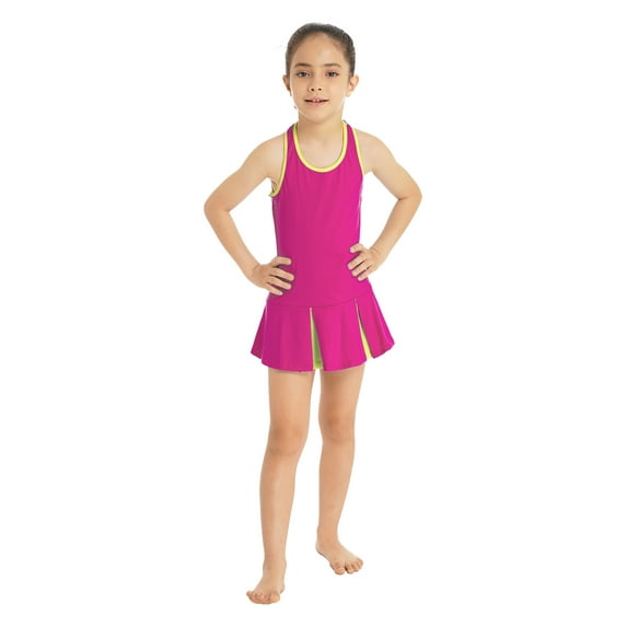 YEAHDOR Kids Girls Sports Suit Outfit Dress with Shorts Gym Running Sportswear,Sizes 6-14 Rose Red 14