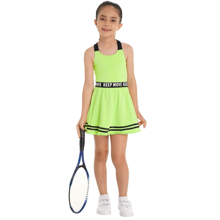 YEAHDOR Kids Girls Sports Suit Straps Cross at Rear A-Line Dress with  Shorts Set Gym Tennis Volleyball Outfit Fluorescent_Green 10