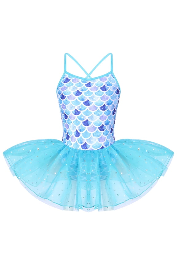 Kids Girls Summer Sleeveless Ballet Dance Dress Toddlers Glitters Mermaid Mesh Tutu Gymnastics Leotard Dancewear Blue Fish Scales 4