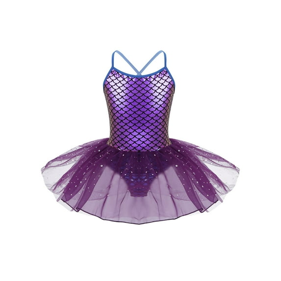 YEAHDOR Kids Girls Summer Sleeveless Ballet Dance Dress Toddlers Glitters Mermaid Mesh Tutu Gymnastics Leotard Dancewear Holographic Purple 6