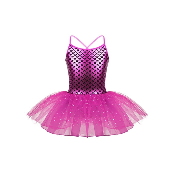 YEAHDOR Kids Girls Summer Sleeveless Ballet Dance Dress Toddlers Glitters Mermaid Mesh Tutu Gymnastics Leotard Dancewear Rose Red 10