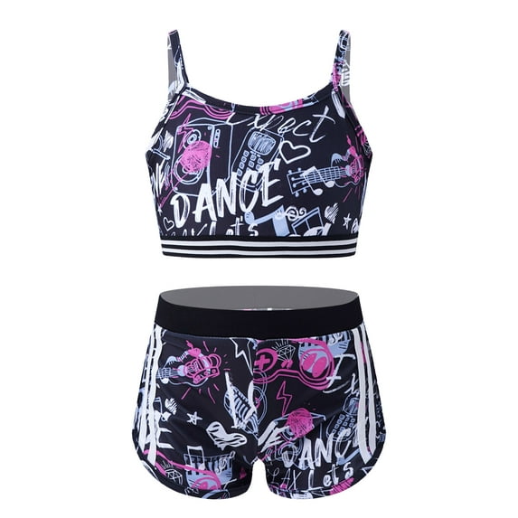YEAHDOR Kids Girls Two Piece Dance Outfit Set Crop Top with Shorts Fitness Workout Athletic Set