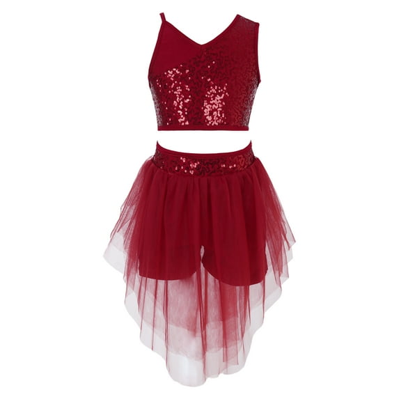 YEAHDOR Kids Girls V Neck Crop Top with Tutu Skirt Dance Outfit Shiny Sequins Tank Top with Skirt Performance Dancewear Burgundy 12