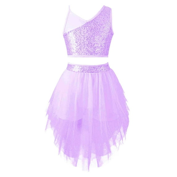 YEAHDOR Kids Girls V Neck Crop Top with Tutu Skirt Dance Outfit Shiny Sequins Tank Top with Skirt Performance Dancewear Purple 12