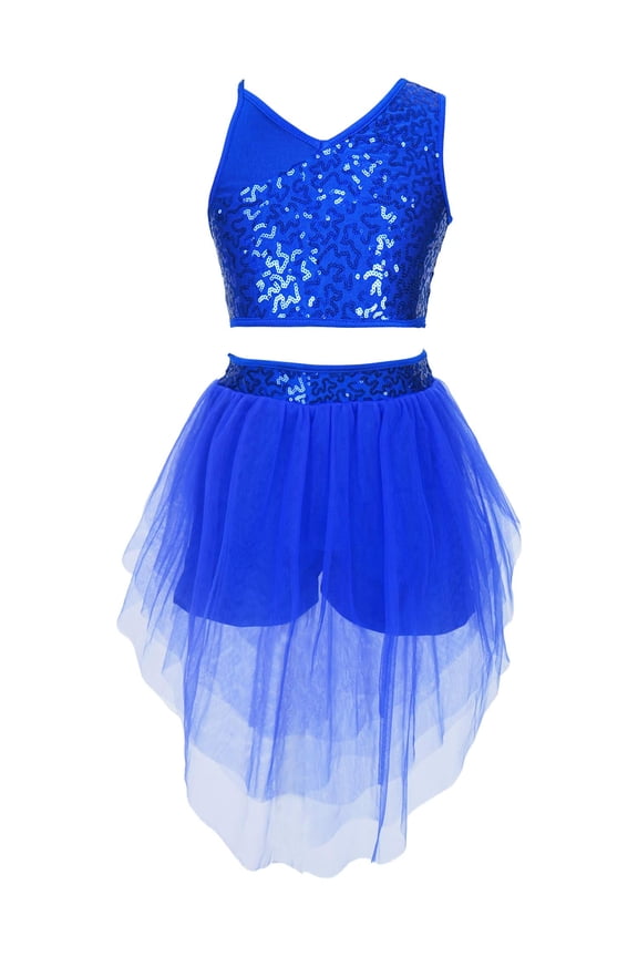 Kids Girls V Neck Crop Top with Tutu Skirt Dance Outfit Shiny Sequins Tank Top with Skirt Performance Dancewear Royal Blue 6