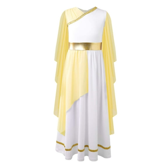 YEAHDOR Kids Girls V Neck Sleeveless Toga Dress Halloween Carnival Roman Grecian Costume Princess Tulle Dress Yellow 8