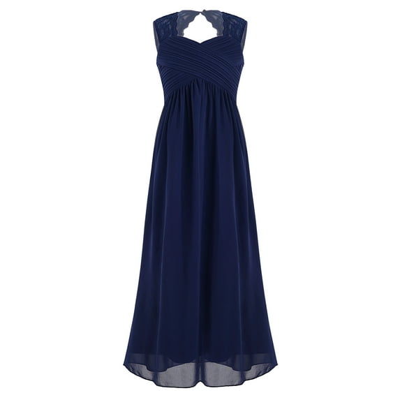 YEAHDOR Kids Lace Chiffon Flower Girls Dress Princess Pageant Birthday Party Maxi Dress Bridesmaid Ball Gown Navy Blue 10