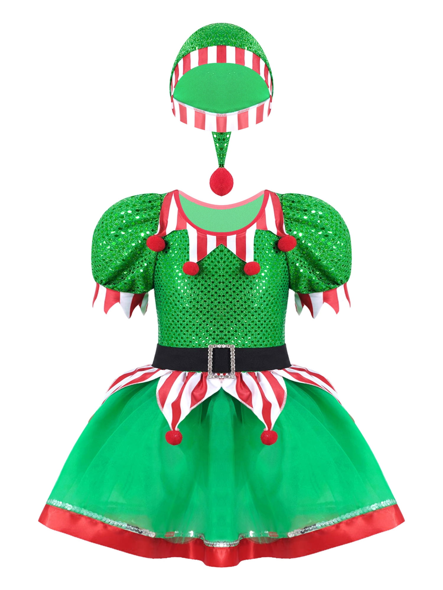YEAHDOR Kids Little Girls Christmas Santa Elf Costume Sequins Tutu Leotard Dress with Hat Outfit Set Holiday Festive Dress Outfit Green-A 8