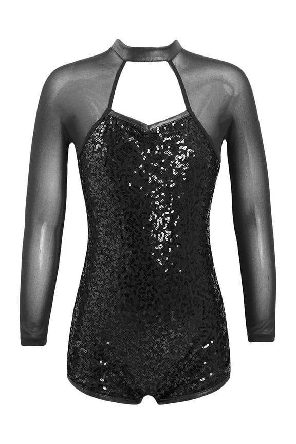 Little Girls Sparkling Sequins Gymnastic Workout Leotard Unitard Cutout Back Dance Training Bodysuit Dancewear