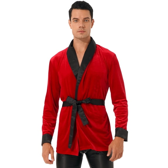 YEAHDOR Mens Christmas Velvet Kimono Bathrobe Bachelor Smoking Jacket Sleepwear Red L