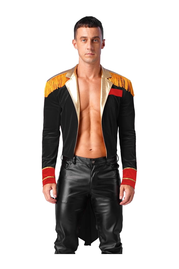 Mens Circus Ringmaster Tops Lion Tamer Showman Outfit Velvet Lapel Long Sleeve Tailcoat Jacket Black M