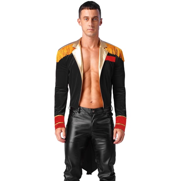YEAHDOR Mens Circus Ringmaster Tops Lion Tamer Showman Outfit Velvet Lapel Long Sleeve Tailcoat Jacket Black XXL
