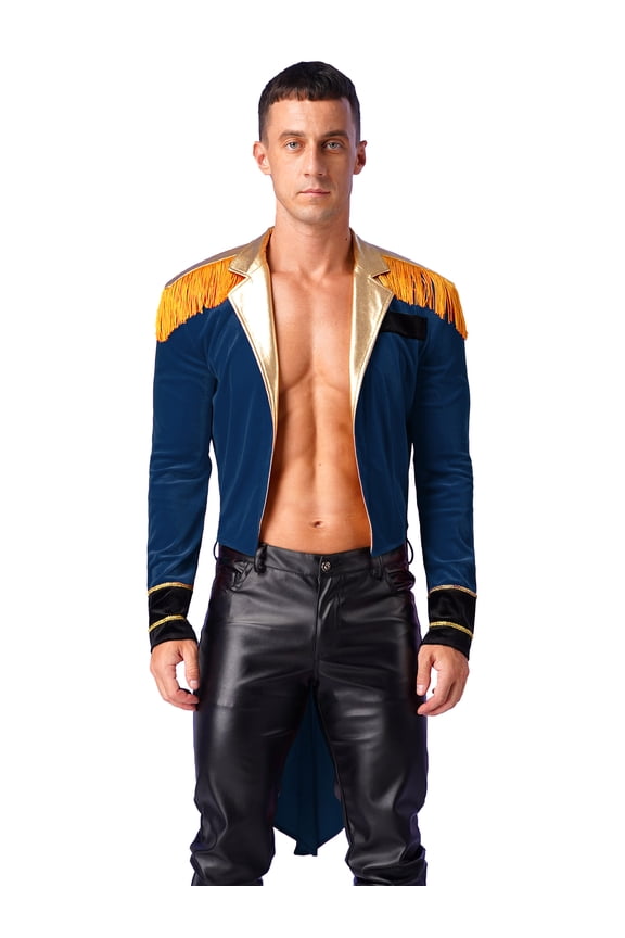 Mens Circus Ringmaster Tops Lion Tamer Showman Outfit Velvet Lapel Long Sleeve Tailcoat Jacket Dark Blue XXL