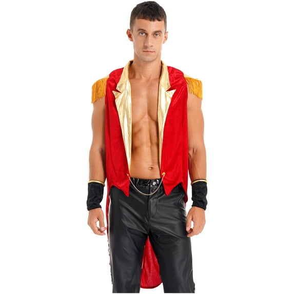 YEAHDOR Mens Circus Ringmaster Tops Lion Tamer Showman Outfit Velvet Lapel Long Sleeve Tailcoat Jacket Red M
