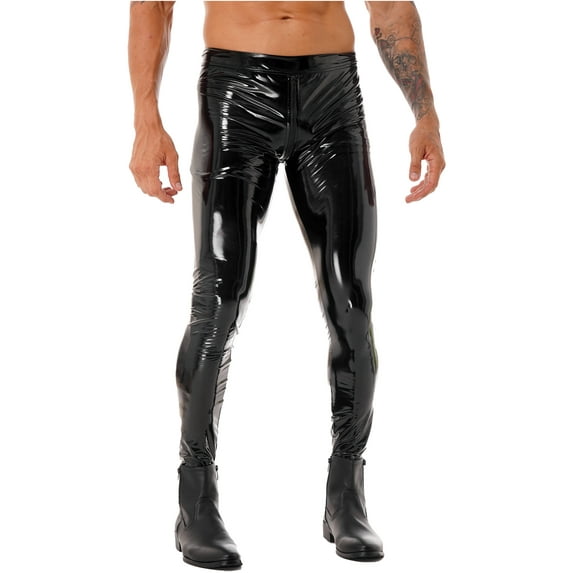 YEAHDOR Mens Faux Leather Skinny Pants Club Stage Tights Stretch Gothic Leggings Black L