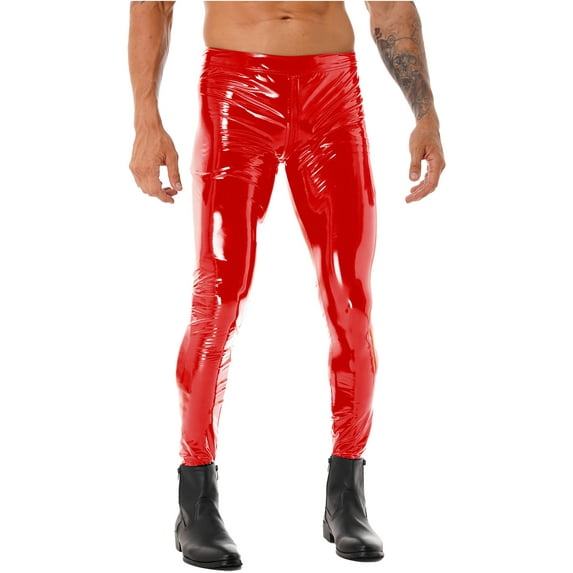YEAHDOR Mens Faux Leather Skinny Pants Club Stage Tights Stretch Gothic Leggings Red S
