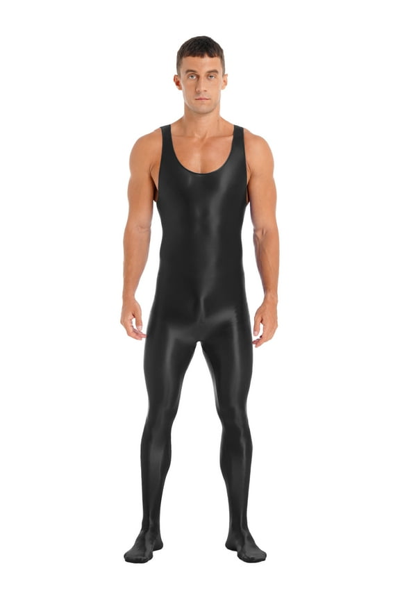 Mens Glossy Full Body Unitard Sleeveless Gym Sports Wrestling Singlet One Piece Bodystocking Bodysuit Jumpsuit Black M