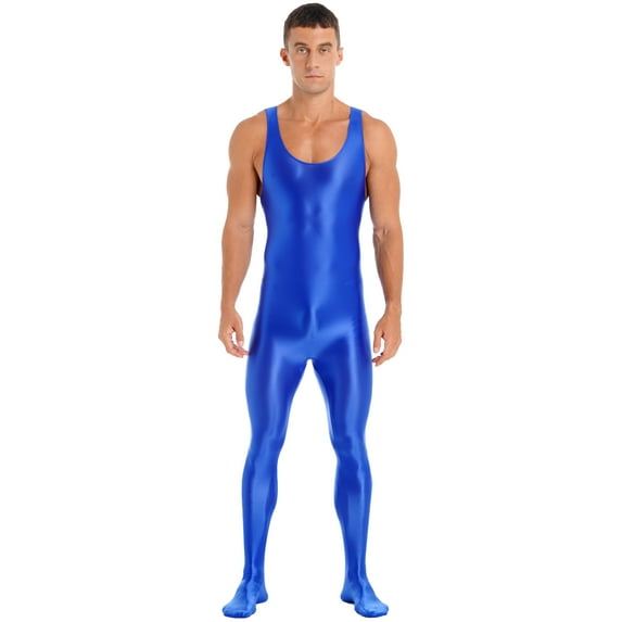 YEAHDOR Mens Glossy Full Body Unitard Sleeveless Gym Sports Wrestling Singlet One Piece Bodystocking Bodysuit Jumpsuit Blue XL