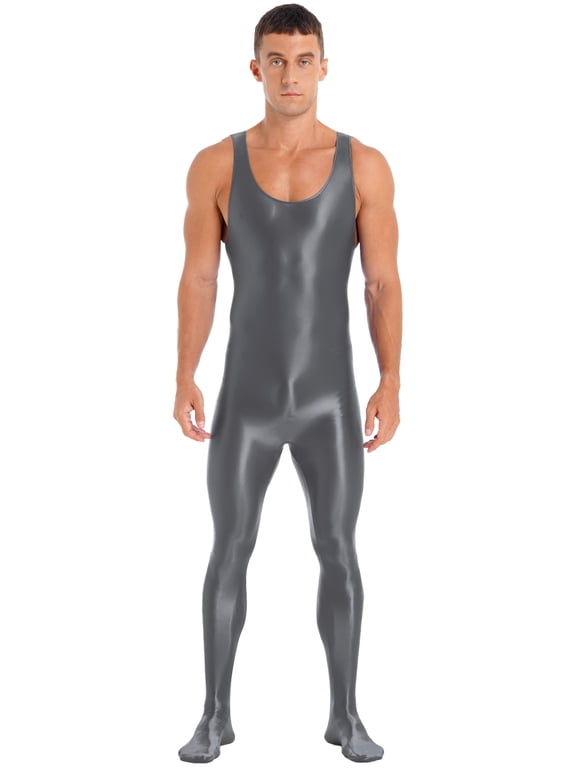 Mens Glossy Full Body Unitard Sleeveless Gym Sports Wrestling Singlet One Piece Bodystocking Bodysuit Jumpsuit Dark Grey XL