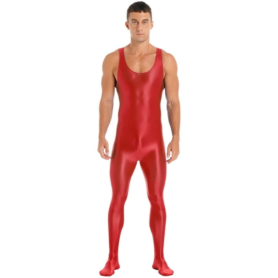 YEAHDOR Mens Glossy Full Body Unitard Sleeveless Gym Sports Wrestling Singlet One Piece Bodystocking Bodysuit Jumpsuit Red XL